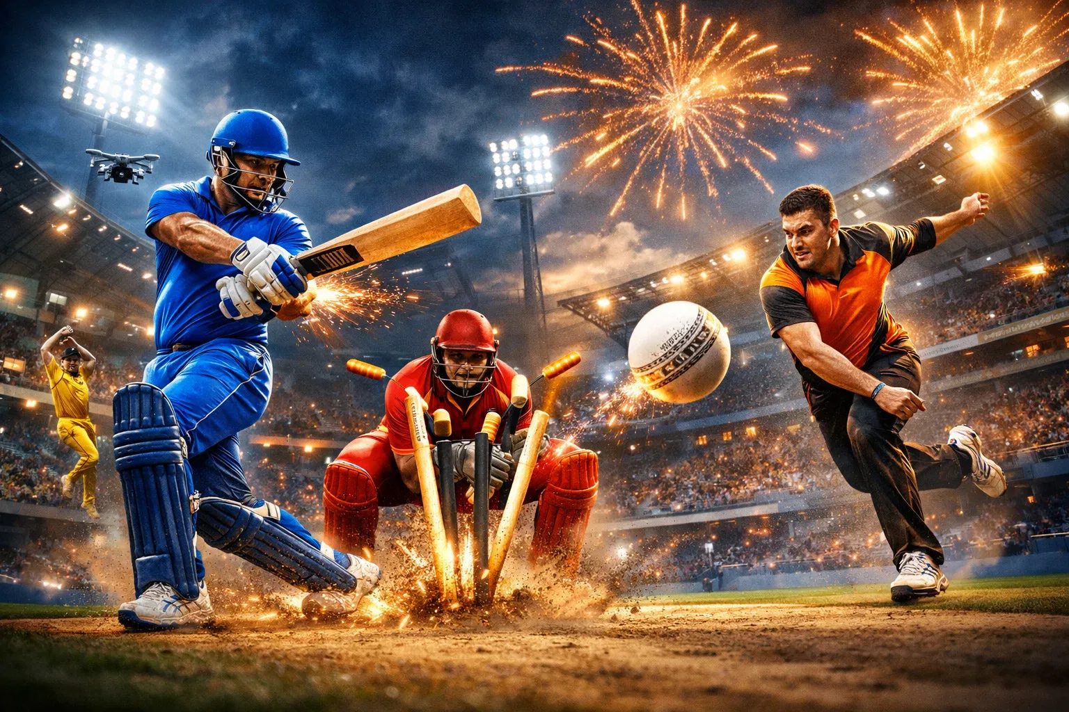 Batsman silhouette with stadium lights background